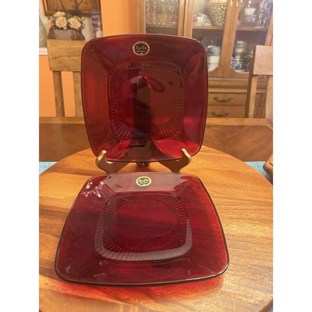 SET OF 2 ANCHOR HOCKING GLASS CHARM RUBY RED SQUARE LUNCHEON PLATES